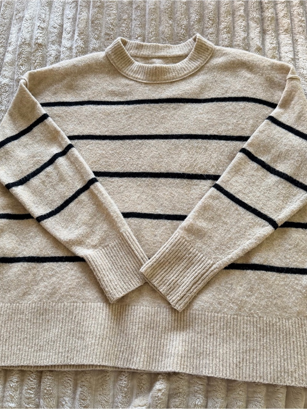 aerie Beige Crewneck Sweater with Black Stripes